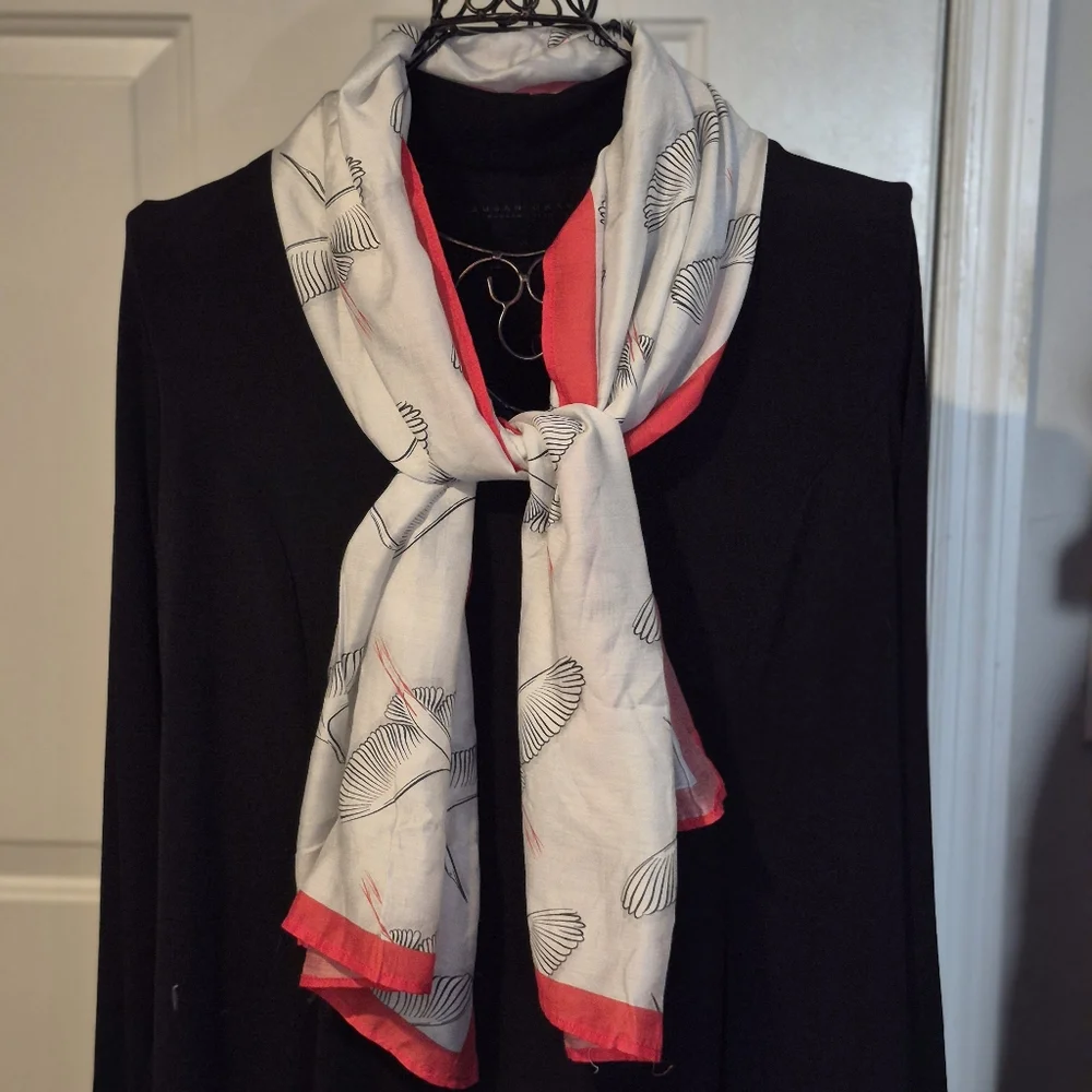 Handmade 100% Cupro White and Red Elegant Crane Print Scarf